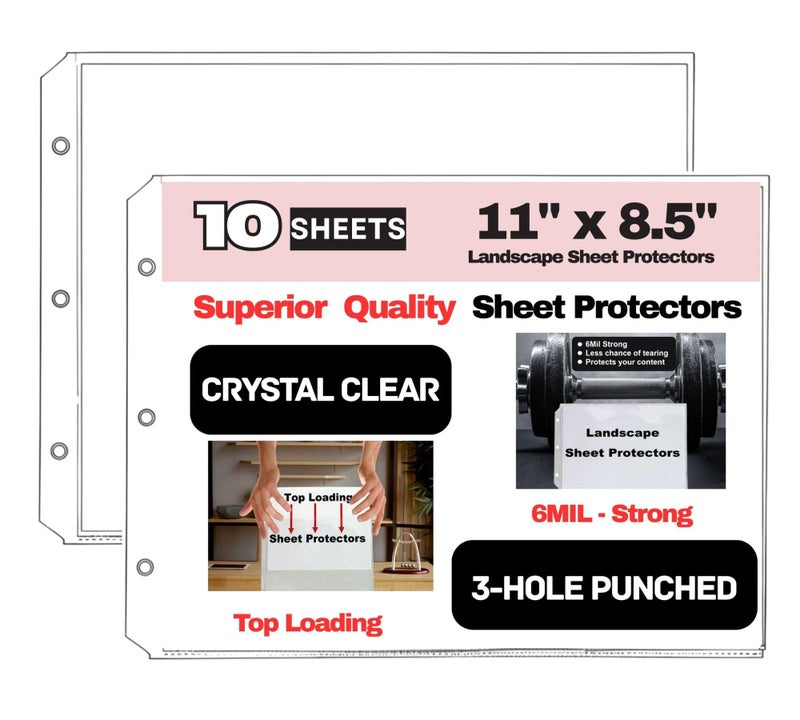 LandscapeBinder-com Premium 6mil (Sturdy & Strong) Landscape Sheet Protectors for Standard-Size Paper. Set of 10, Heavy-Duty, Crystal Clear, Horizontal Format for Landscape Binders. - Image 1